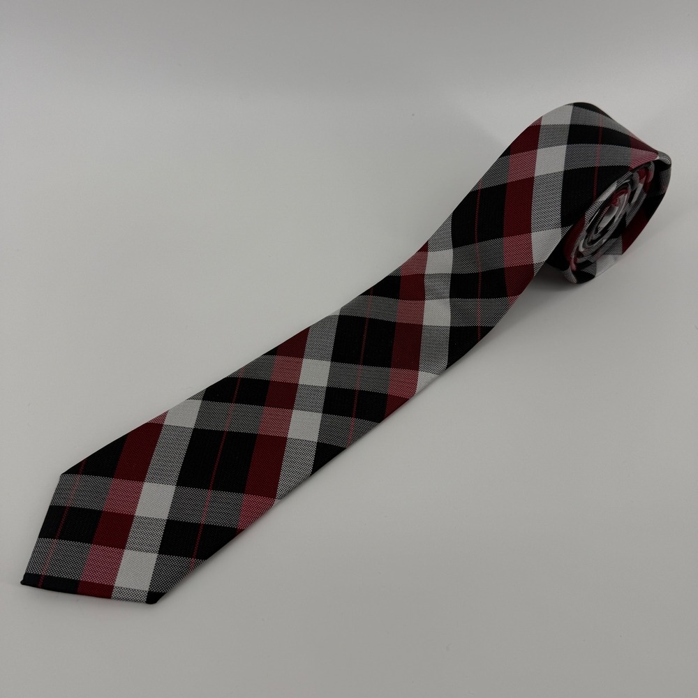 J. Ferrar Mens Plaid Necktie Red Black White Slim Casual Formal Tie